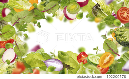 Healthy food ingredients frame, superfood, falling salad leaves and vegetable slices Healthy food ingredients frame, superfood, falling salad leaves and vegetable slices 102200578