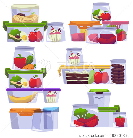 Containers with food for freezing and taking out for lunch flat vector isolated. Containers with food for freezing and taking out for lunch flat vector isolated. 102201033