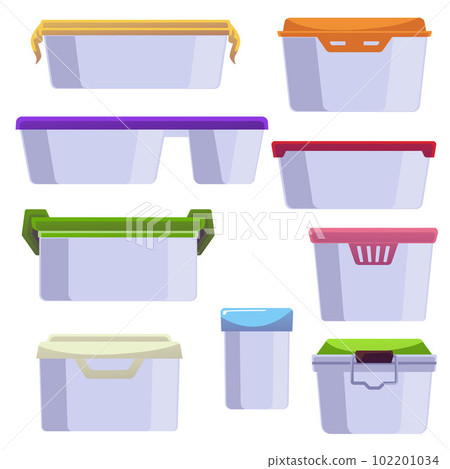 Set of empty plastic or glass food containers with lids, flat vector illustration isolated on white background. Set of empty plastic or glass food containers with lids, flat vector illustration isolated on white background. 102201034