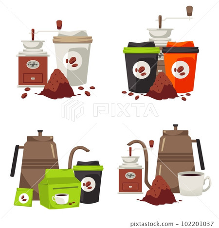 Set of compositions of brewed coffee equipment, flat vector illustration isolated on white background. 102201037