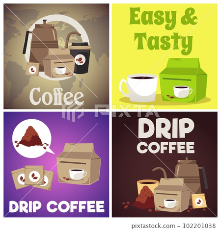 Drip brewed coffee square posters set, flat vector illustration. Drip brewed coffee square posters set, flat vector illustration. 102201038