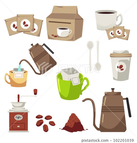 Drip coffee and brewing process icons set of flat vector illustration isolated. Drip coffee and brewing process icons set of flat vector illustration isolated. 102201039