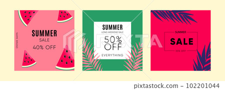 Summer sale square templates with watermelon and palm leaves. Summer sale square templates with watermelon and palm leaves. 102201044
