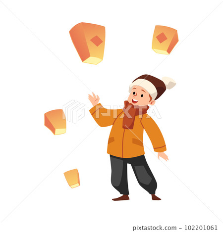 Smiling boy in winter clothes releasing air lanterns, flat vector illustration isolated on white background. Smiling boy in winter clothes releasing air lanterns, flat vector illustration isolated on white background. 102201061
