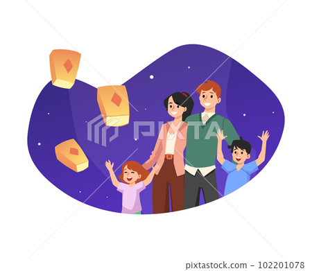 Family launching air lanterns at night flat vector illustration isolated. 102201078