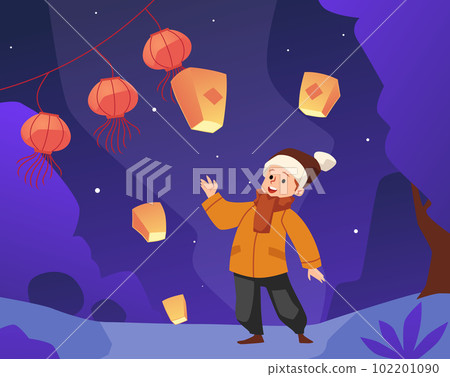 Happy little boy releasing lanterns in winter, flat vector illustration. Happy little boy releasing lanterns in winter, flat vector illustration. 102201090