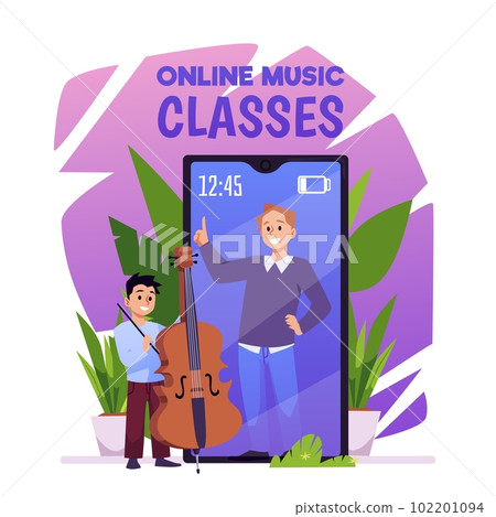 Child boy with cello standing near huge mobile phone with teacher man on screen Child boy with cello standing near huge mobile phone with teacher man on screen 102201094