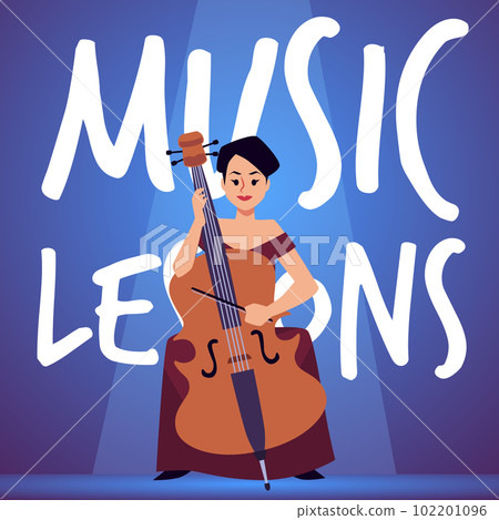 Music lessons banner with man playing cello instrument, vector illustration. Music lessons banner with man playing cello instrument, vector illustration. 102201096