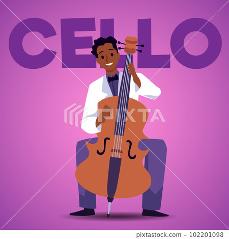 Happy man playing cello music instrument, poster template - flat vector illustration. Happy man playing cello music instrument, poster template - flat vector illustration. 102201098