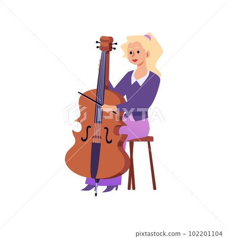 Woman playing cello music instrument, flat vector illustration isolated on white background. Woman playing cello music instrument, flat vector illustration isolated on white background. 102201104