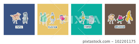 Waste sorting classification in Spanish. Translation - paper, plastic, glass, organic. Cute kawaii trash characters. Vector illustrations for design, stickers, etc. 102201175
