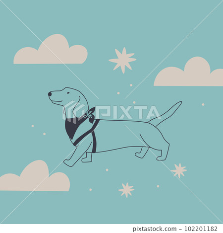 Cute dog in the clouds. Dachshund walks in a collar. Vector illustration. Cute dog in the clouds. Dachshund walks in a collar. Vector illustration. 102201182