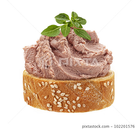 Bruschetta with liver pate isolated on white background Bruschetta with liver pate isolated on white background 102201576