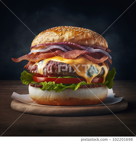 Perfect bacon cheese burger with beef, tomato, onion and fresh lettuce leaves, dark background, close up. Hamburger menu design. Generative AI Perfect bacon cheese burger with beef, tomato, onion and fresh lettuce leaves, dark background, close up. Hamburger menu design. Generative AI 102201698