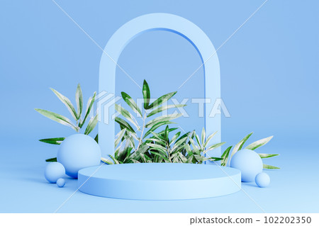 Geometric podium near green leaves. 3d render 102202350