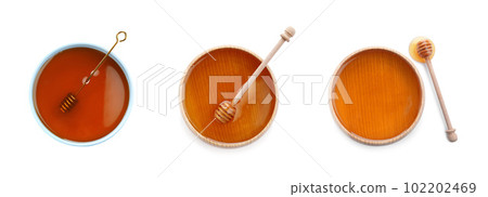 Set of organic delicious honey on white background, top view 102202469
