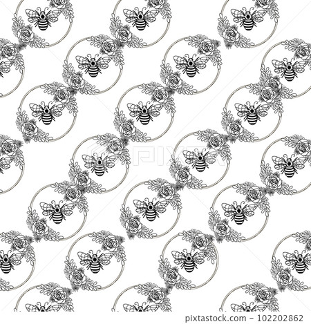 Pattern with bee. Bee with floral frame. Pattern for textile design. Cut file. Floral wreath. Bee happy. Illustration with bee. Vector illustration. 102202862