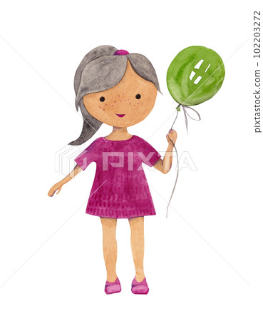 Happy cute little girl with birthday balloon. Isolated watercolor illustration 102203272