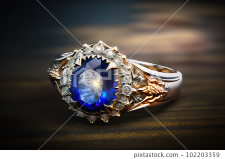 Gold ring with big sapphire and small diamonds on dark background, generative AI Gold ring with big sapphire and small diamonds on dark background, generative AI 102203359