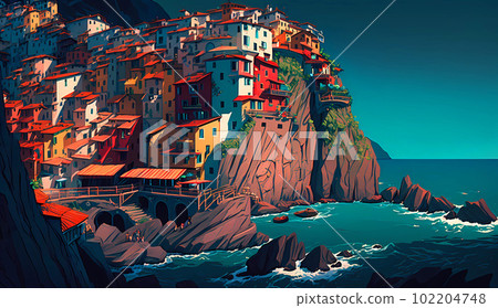 Beautiful view of the small town of Manarola on the Mediterranean coast, Italy Beautiful view of the small town of Manarola on the Mediterranean coast, Italy 102204748