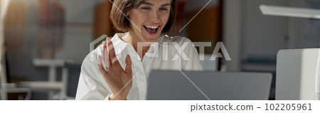 Businesswoman making video call to friends and waving hi while working in modern office Businesswoman making video call to friends and waving hi while working in modern office 102205961