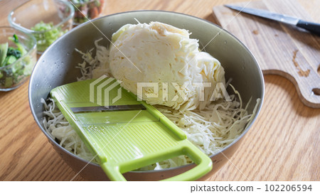 Cabbage shredded using a slicer image 102206594