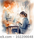 Remote work at a cafe of a working woman drawing with an AI watercolor style image 102206648