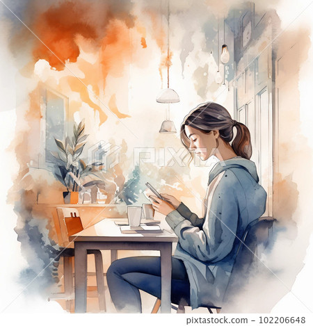 Remote work at a cafe of a working woman drawing with an AI watercolor style image 102206648