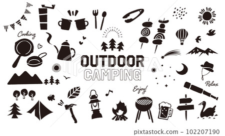 Vector icon illustration material set of camping goods, outdoor equipment and leisure. simple monochrome 102207190