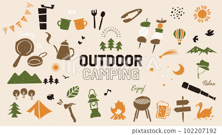 Vector icon illustration material set of camping goods, outdoor equipment and leisure. simple color Vector icon illustration material set of camping goods, outdoor equipment and leisure. simple color 102207192