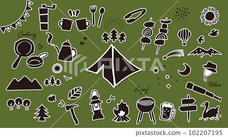 Vector icon illustration material set of camping goods, outdoor equipment and leisure. simple monochrome step Vector icon illustration material set of camping goods, outdoor equipment and leisure. simple monochrome step 102207195