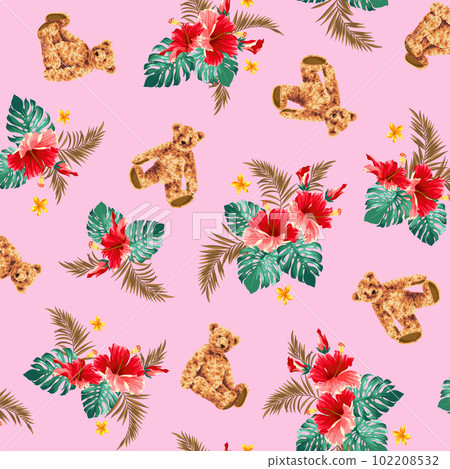hibiscus and cute bear aloha pattern, hibiscus and cute bear aloha pattern, 102208532