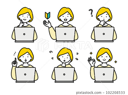 Facial expression illustration set of a woman operating a personal computer, housewife, office worker Facial expression illustration set of a woman operating a personal computer, housewife, office worker 102208533