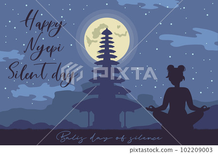 Nyepi horizontal poster banner with the night atmosphere and girl silhouette sitting in lotus pose. 102209003