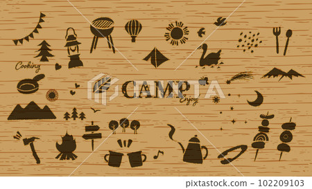 矢量圖標插圖素材集野營用品、戶外裝備和休閒。天然木紋品牌 矢量圖標插圖素材集野營用品、戶外裝備和休閒。天然木紋品牌 102209103