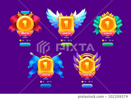 Level up award or reward badges and game assets, vector UI icons of gold prize. Level up awards or bonus ranks and medal trophy rewards with ribbons and winner wings for arcade video game next level 102209374