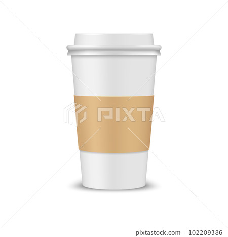 Realistic coffee cup 3d vector mockup, disposable paper container with plastic lid and brown holder. Isolated blank carton takeaway container for cold or hot drink, beverage, coffee or tea mug 102209386