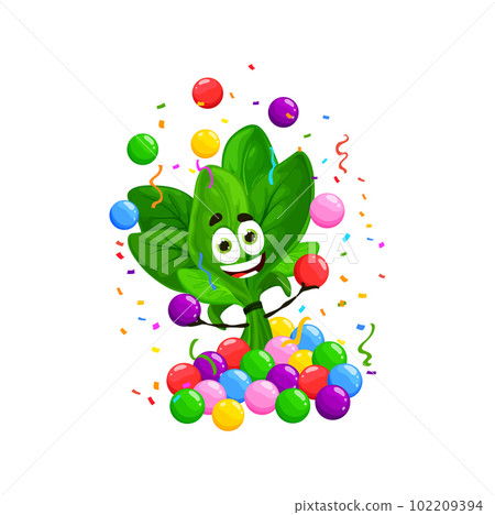 Cartoon funny spinach vegetable character on birthday, anniversary holiday. Birthday greeting cheerful spinach character, anniversary holiday celebration cute vegetable vector personage in ball pit Cartoon funny spinach vegetable character on birthday, anniversary holiday. Birthday greeting cheerful spinach character, anniversary holiday celebration cute vegetable vector personage in ball pit 102209394