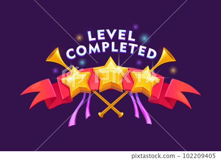 Game level complete badge or icon with golden stars, red banner and trumpets. Isolated ui or gui popup screen asset, button, element for mobile app or game menu interface 102209405