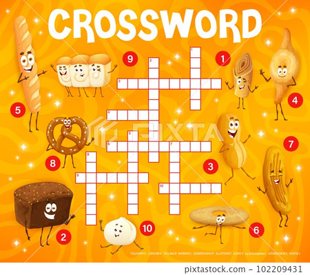 Crossword quiz grid. Cartoon bakery, pastry and bread characters. Child vocabulary game, crossword grid vector worksheet with cheerful knackebrod, baguette, shokupan and injera, barbari, rye bread Crossword quiz grid. Cartoon bakery, pastry and bread characters. Child vocabulary game, crossword grid vector worksheet with cheerful knackebrod, baguette, shokupan and injera, barbari, rye bread 102209431