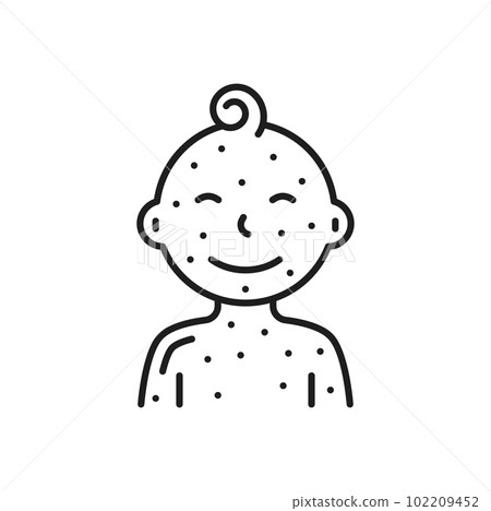 Sick child with body in dots having chicken pox outline icon. Vector skin disease, itching rashes on skin of young boy or girl. Measles treatment Sick child with body in dots having chicken pox outline icon. Vector skin disease, itching rashes on skin of young boy or girl. Measles treatment 102209452