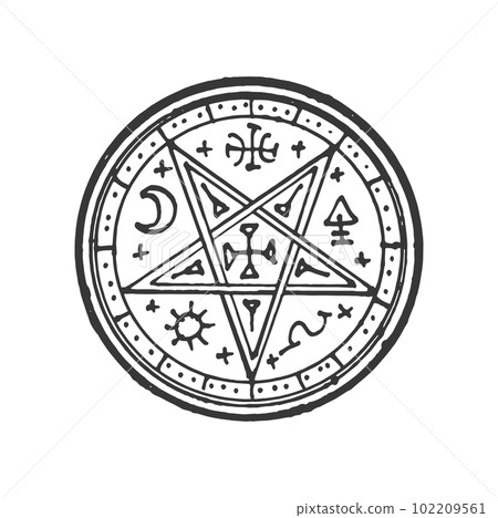 Esoteric amulet, mandala, magic talisman isolated circle with pentagram. Vector vintage mystic alchemy, witchcraft or wizard, occultism sign Esoteric amulet, mandala, magic talisman isolated circle with pentagram. Vector vintage mystic alchemy, witchcraft or wizard, occultism sign 102209561
