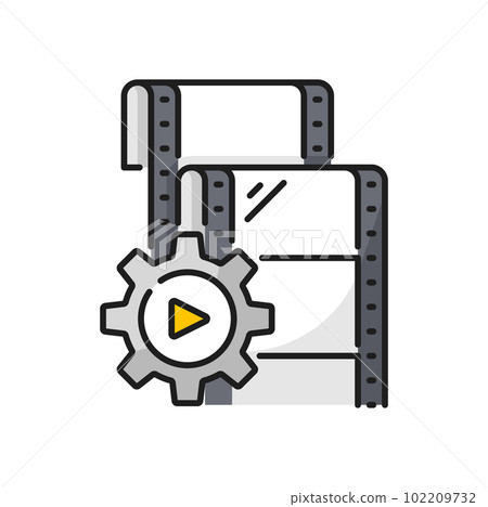 Movie film strip, video production icon. Cinematography art, video industry or movie studio outline vector sign. Filmmaking festival simple pictogram with film slide, gear cog wheel and play button 102209732