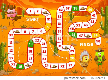 Kids board game. Wild west cartoon cowboy, sheriff and indian vitamin characters. Child roll and move playing activity, kids racing vector game with Cu, Zn, Mg pill micronutrient cute personages Kids board game. Wild west cartoon cowboy, sheriff and indian vitamin characters. Child roll and move playing activity, kids racing vector game with Cu, Zn, Mg pill micronutrient cute personages 102209741