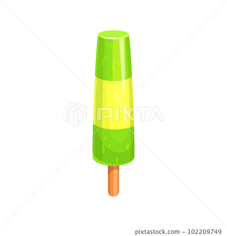 Cartoon popsicle ice cream on stick. Vector fruit ice pop or lolly, cold summer dessert food with kiwi and mango flavors. Green yellow frozen juice or sorbet on wooden stick, ice cream shop or parlor 102209749