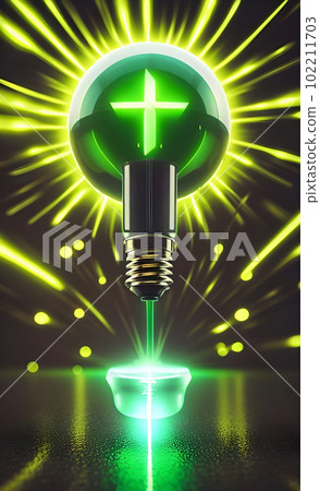 The green bulb is glowing in front of a bright light. Generative AI The green bulb is glowing in front of a bright light. Generative AI 102211703