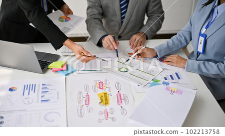 Close-up image of a professional businesspeople are pointing their pen at a paper 102213758