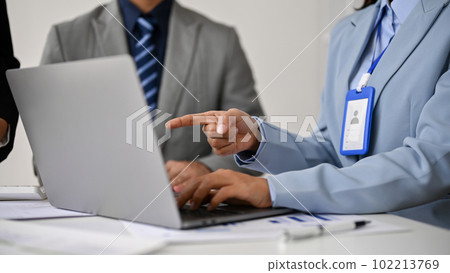 Close-up image of a professional businesswoman pointing her finger at a laptop screen 102213769