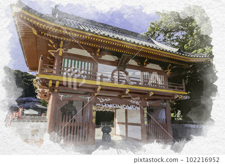 Watercolor-style Shikoku 88 Temple No. 2, Gokuraku-ji Temple, Niomon, Naruto City, Tokushima Prefecture 102216952