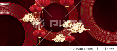 Red textural illustration, round frames with air lanterns 102217266